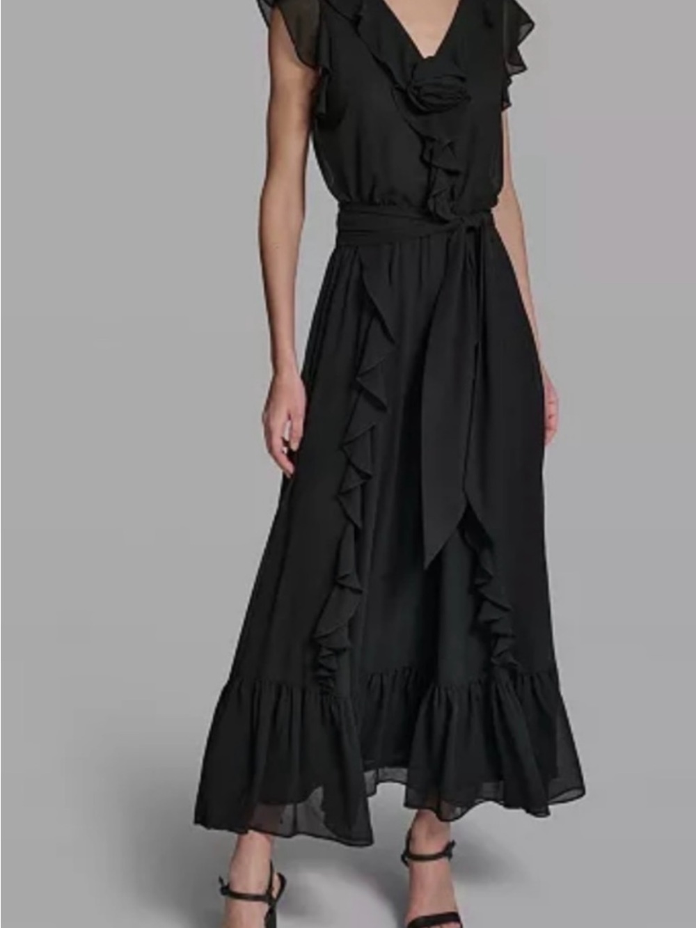 NWT Karl Lagerfeld Black Ruffle Tie-Waist Maxi Dress size 10